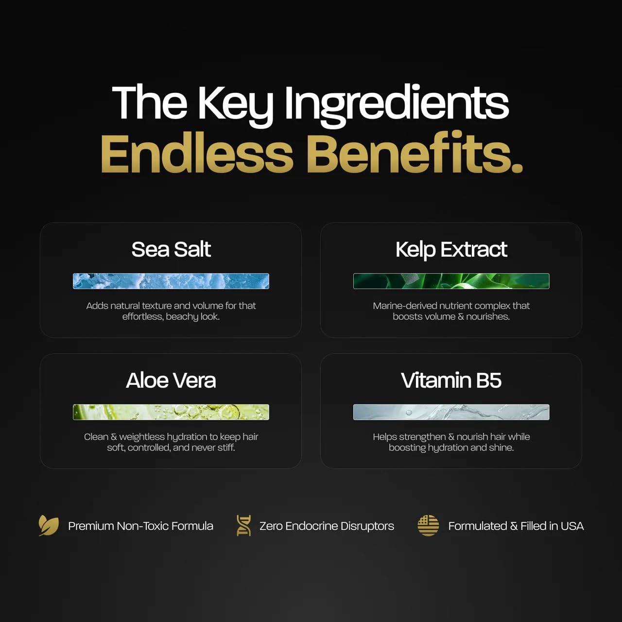 Based Bodyworks sea salt hair spray packaging highlighting kelp and vitamin b5 ingredients