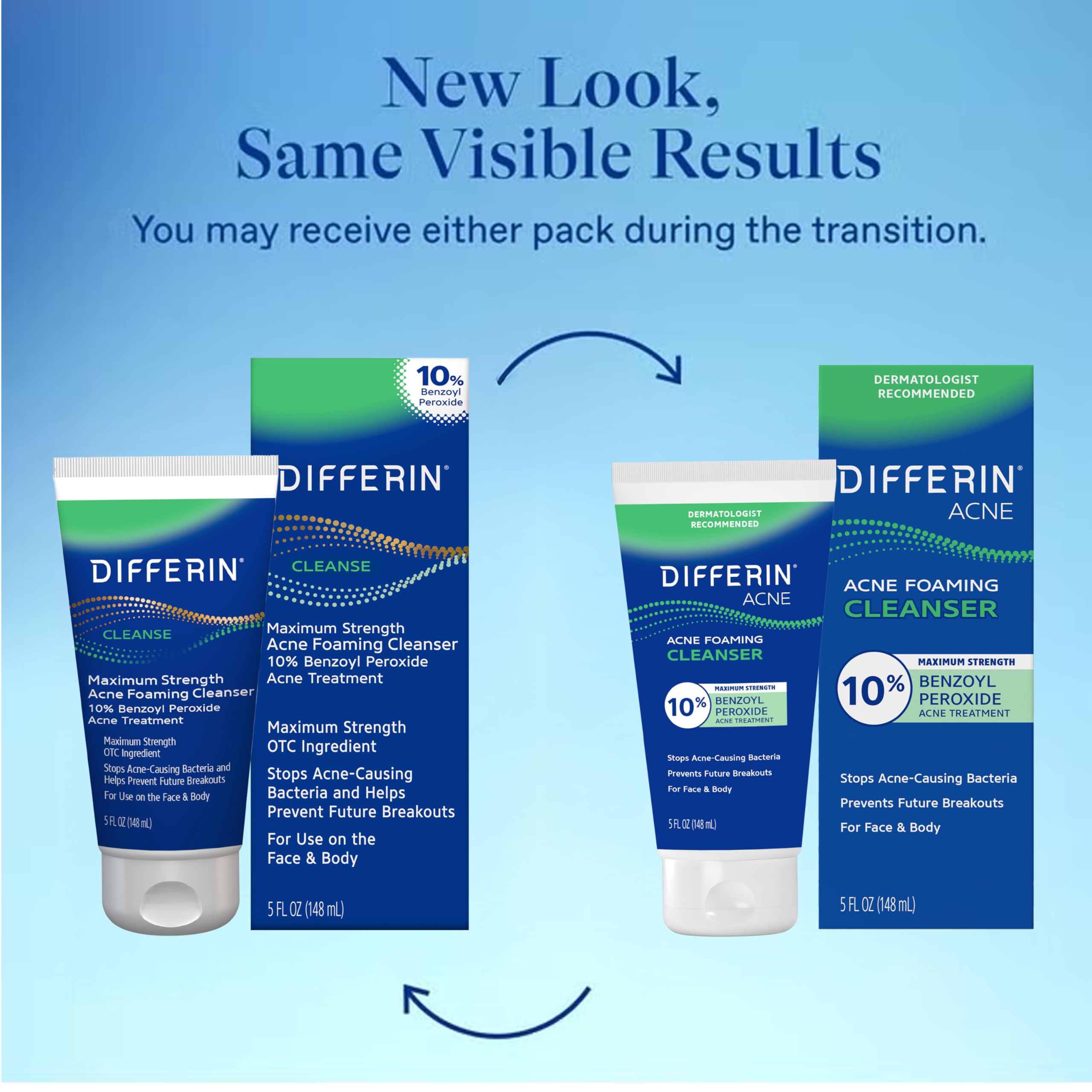 Differin maximum strength OTC acne foaming cleanser packaging showing active ingredients and directions