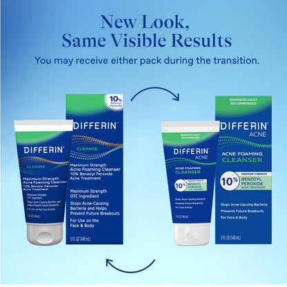 Differin maximum strength OTC acne foaming cleanser packaging showing active ingredients and directions
