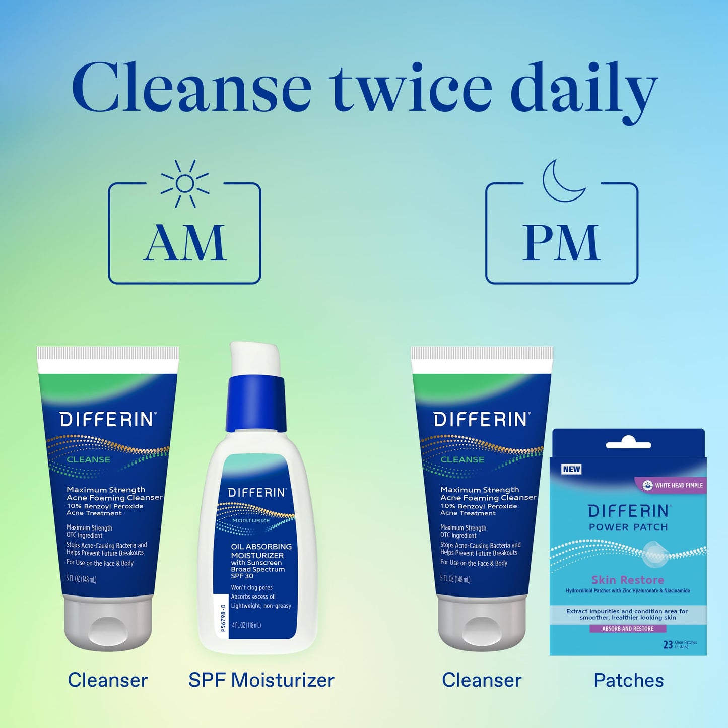 Differin benzoyl peroxide face wash alongside sunscreen showing a complete anti acne skincare routine
