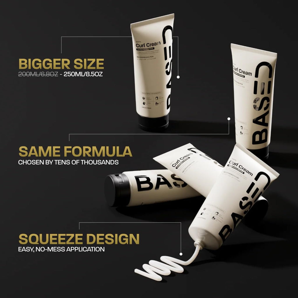 Side angle view of BASED BODYWORKS curl defining cream for men displaying authentic imported packaging details