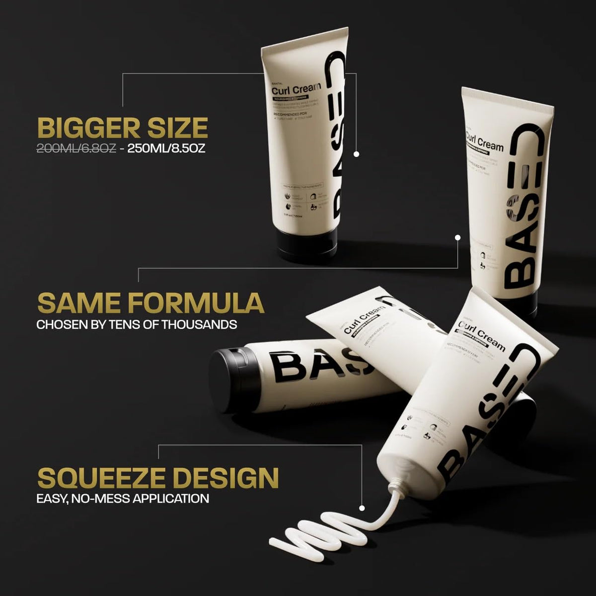 Side angle view of BASED BODYWORKS curl defining cream for men displaying authentic imported packaging details