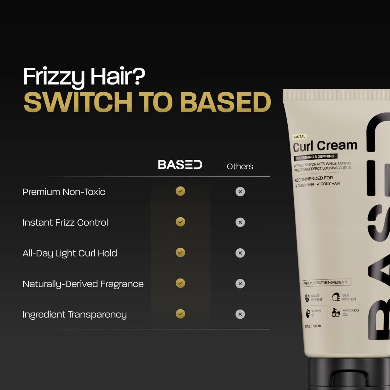 Studio setup of BASED BODYWORKS curl cream showing the full 8.5 ounce bottle for premium textured hair styling