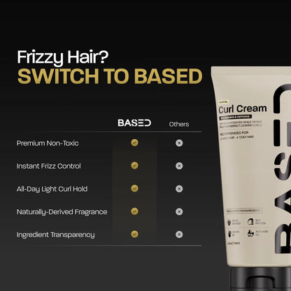 Studio setup of BASED BODYWORKS curl cream showing the full 8.5 ounce bottle for premium textured hair styling