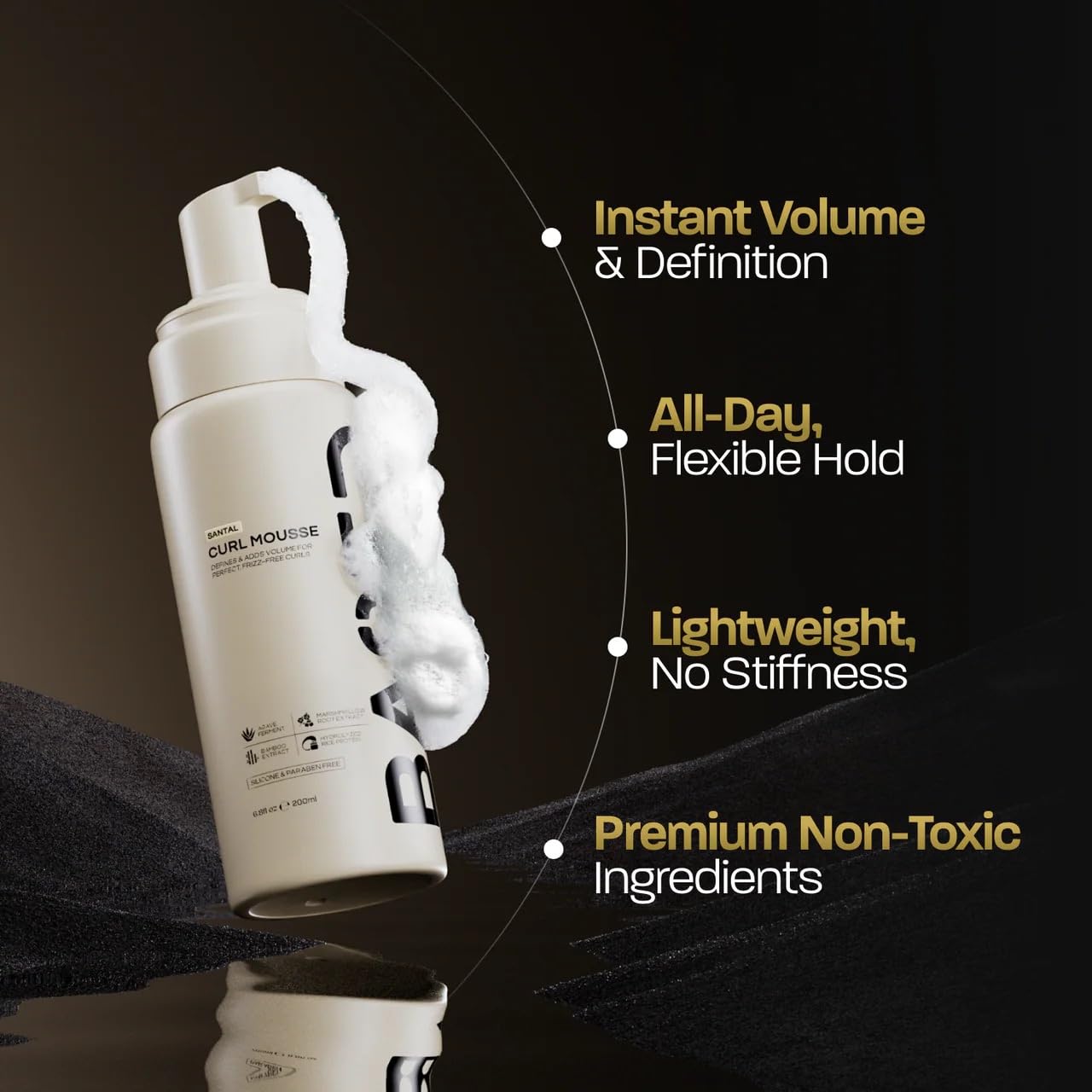 BASED styling foam bottle displaying ingredients and product instructions for curly hair