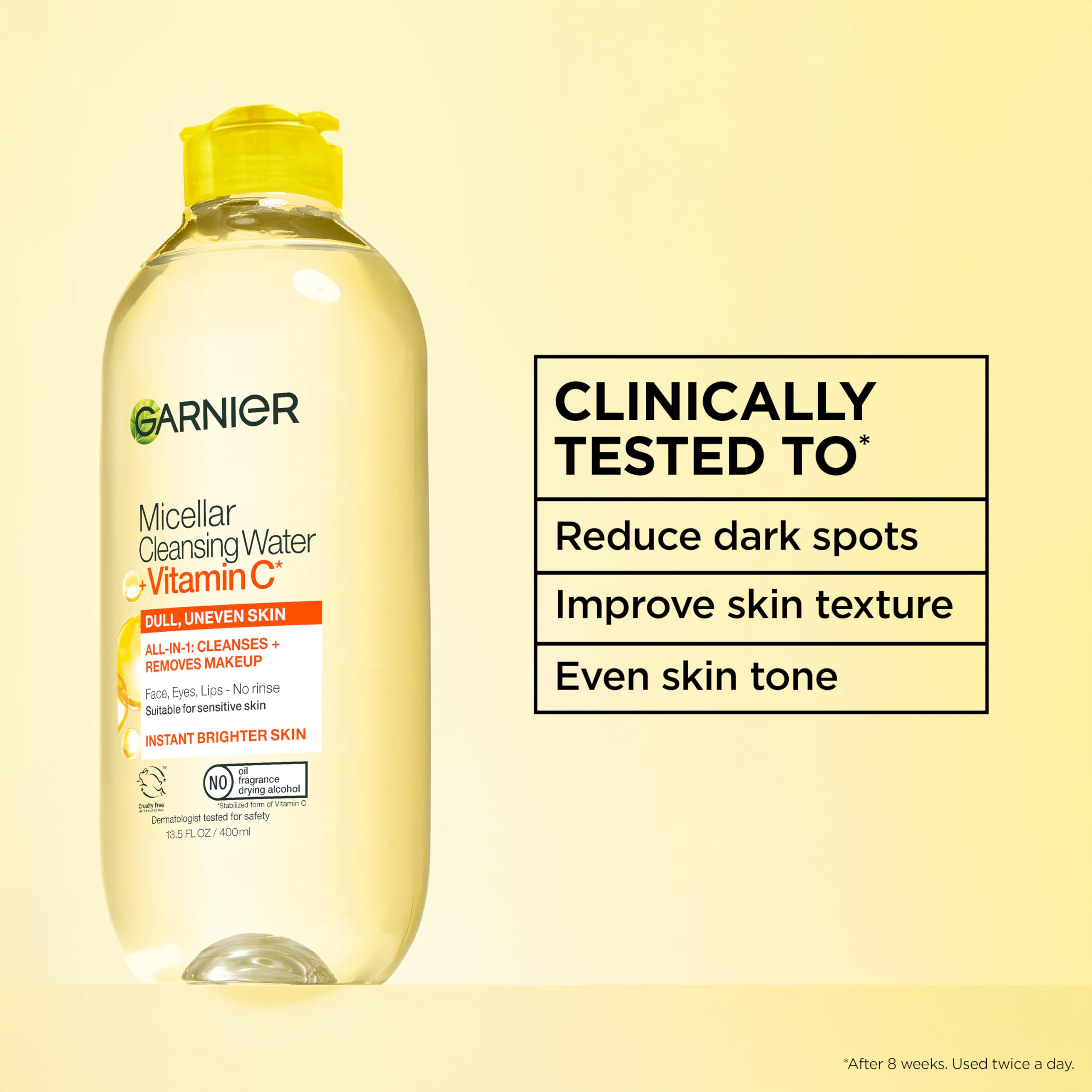 Close up of Garnier micellar cleansing water brightening formula label