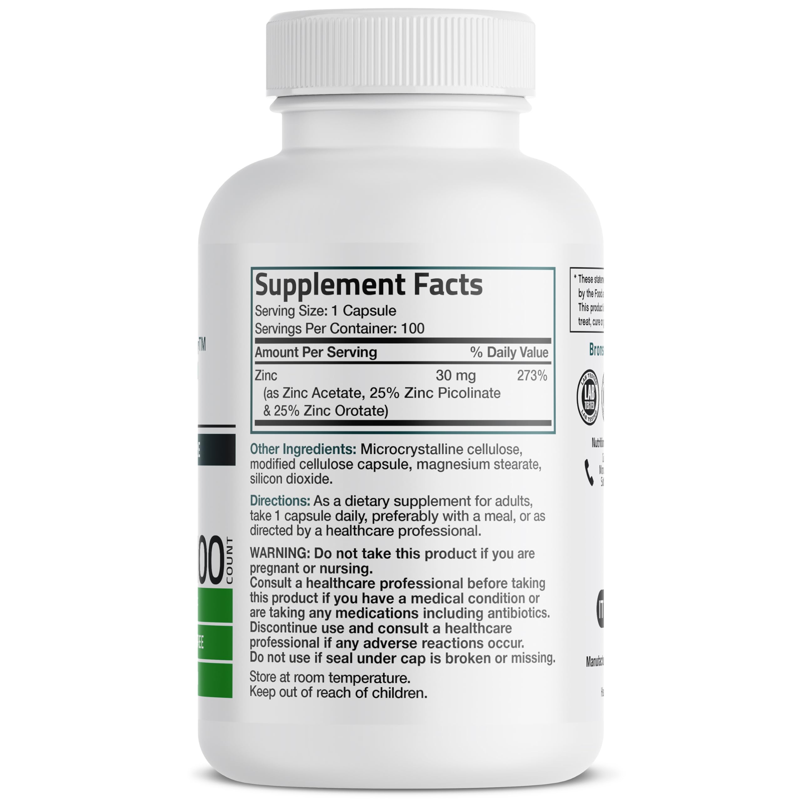 Side view of Bronson Zinc Triple Play showing the supplement facts and three forms of zinc.