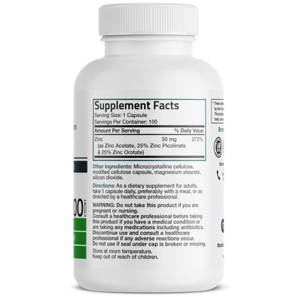 Side view of Bronson Zinc Triple Play showing the supplement facts and three forms of zinc.