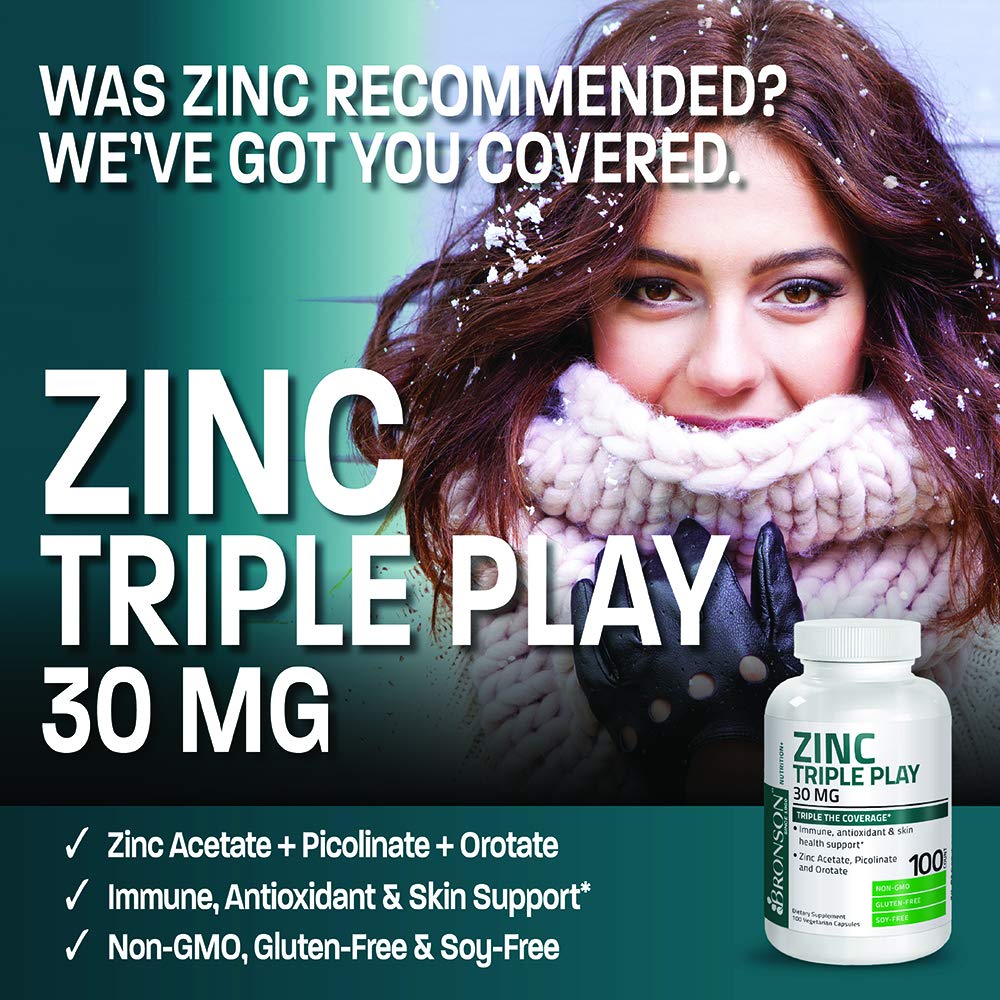 Back label of Bronson Zinc dietary supplement detailing the vegetarian capsules and ingredient list.