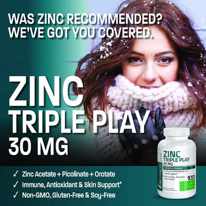 Back label of Bronson Zinc dietary supplement detailing the vegetarian capsules and ingredient list.