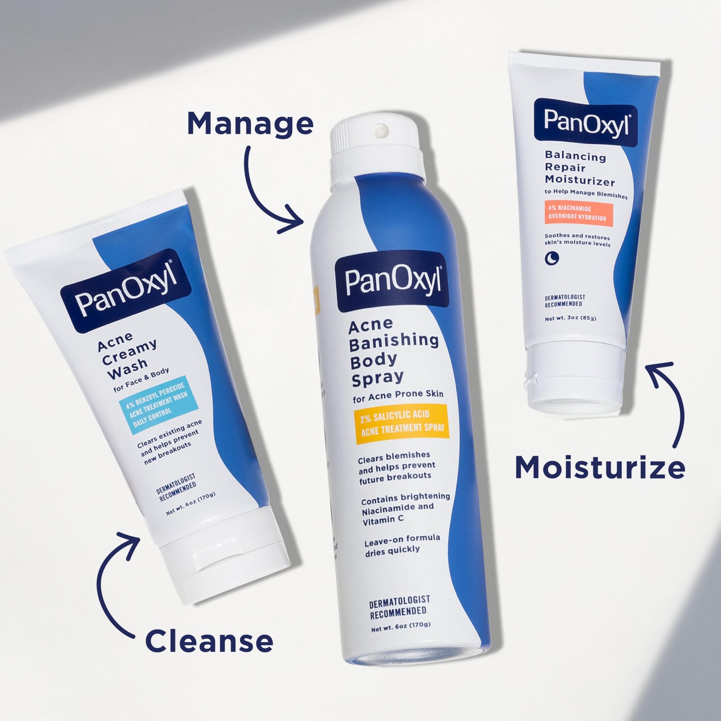 Close up of PanOxyl acne spray branding and label
