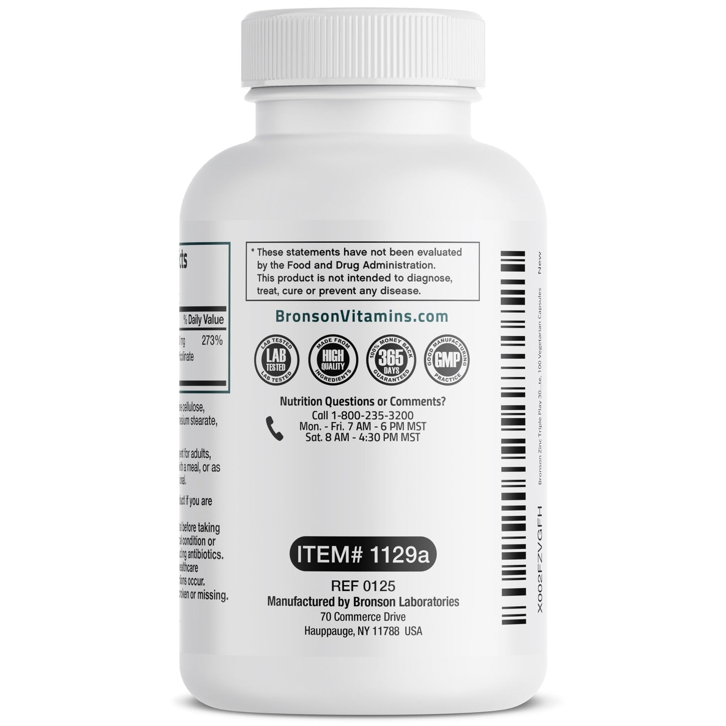 Angled perspective of Bronson Zinc Triple Play 30 Milligram dietary supplement for clear skin.