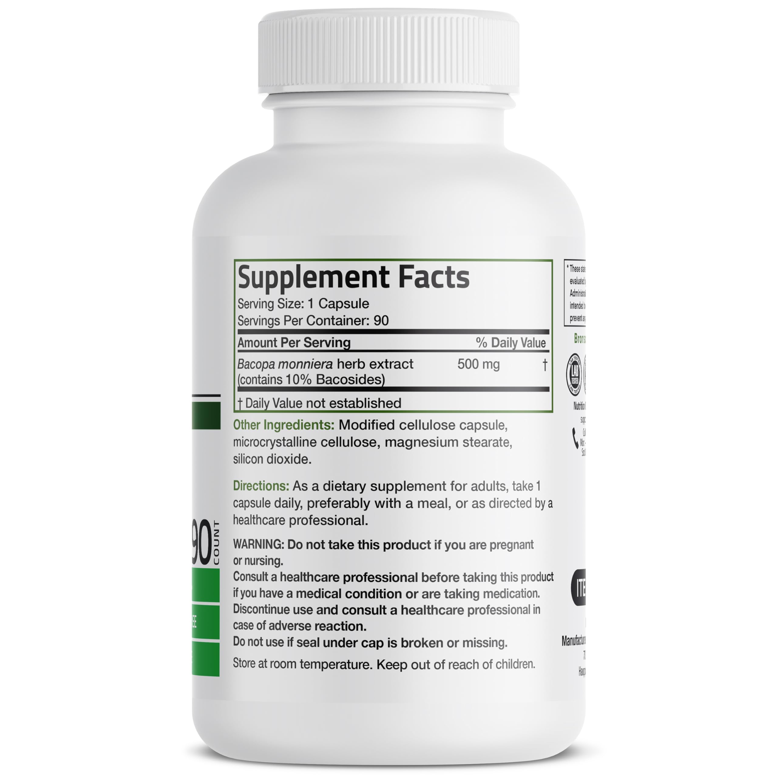 Bronson Bacopa Monnieri Extract brain function supplement bottle showing non GMO and gluten free labels.