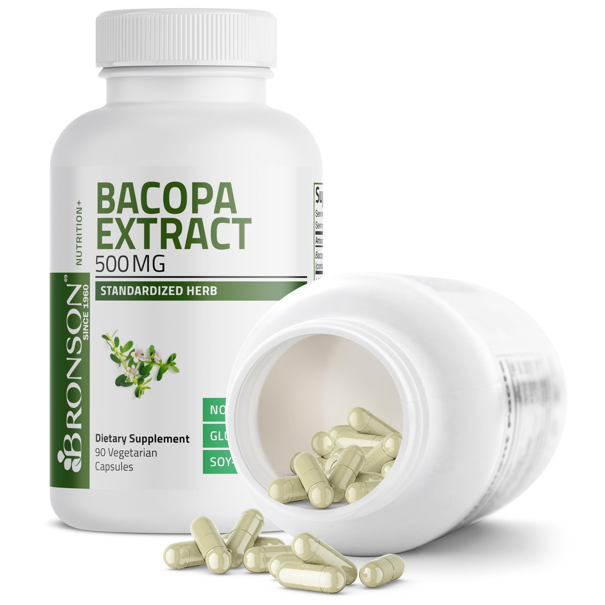 Bronson Bacopa Monnieri vegetarian capsules packaging highlighting 90 count dietary supplement details.