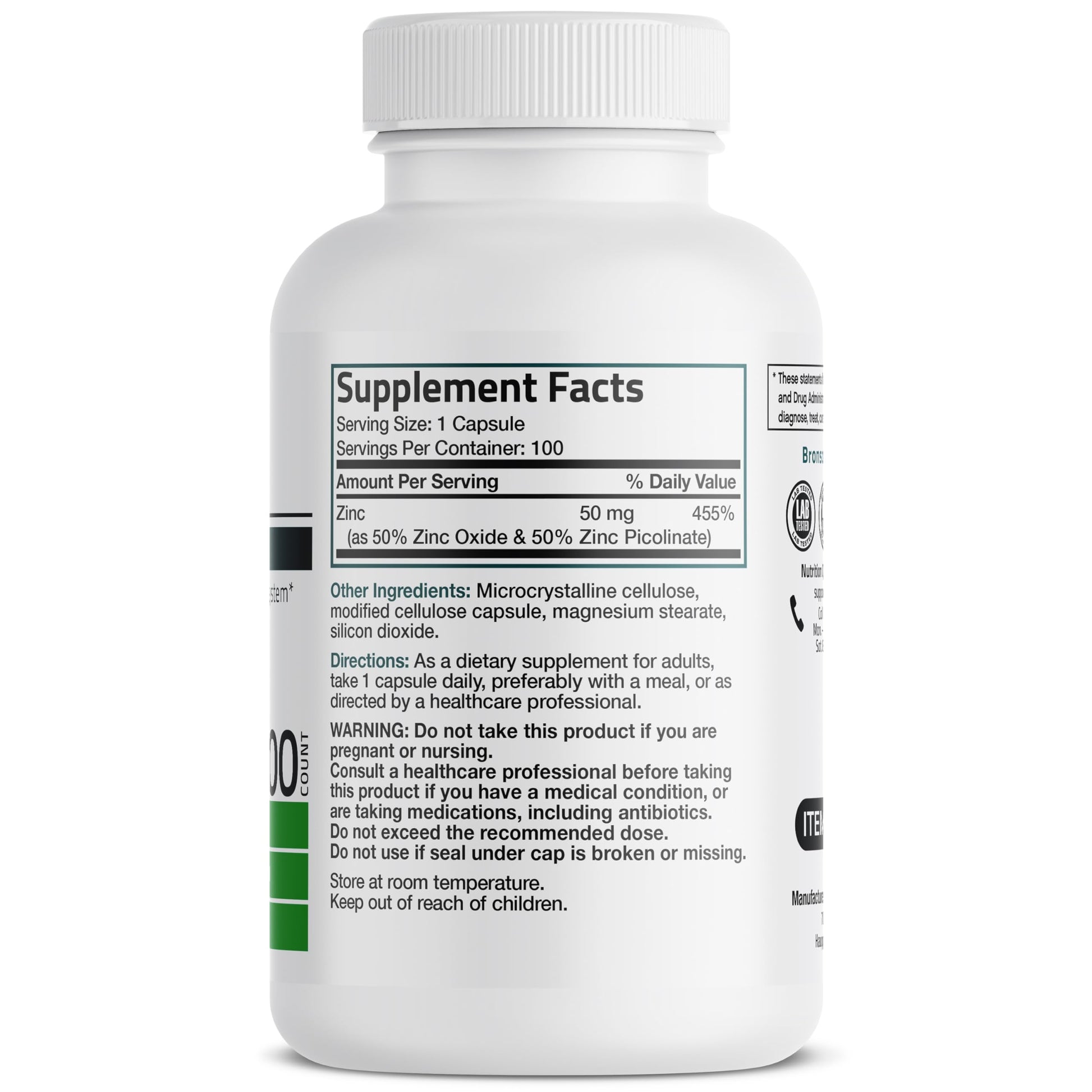 Bronson high potency zinc complex vegetarian capsules supplement facts label