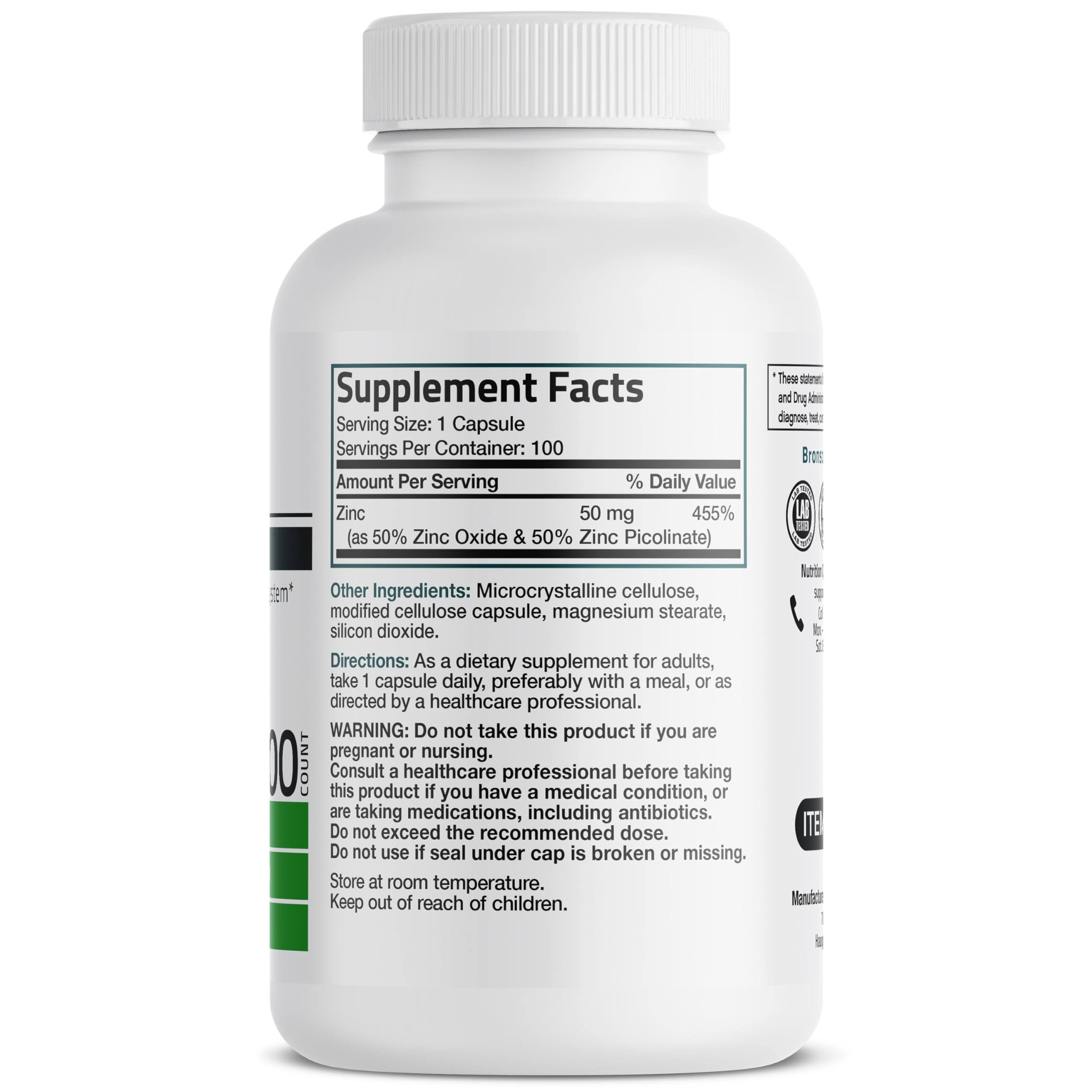 Bronson high potency zinc complex vegetarian capsules supplement facts label
