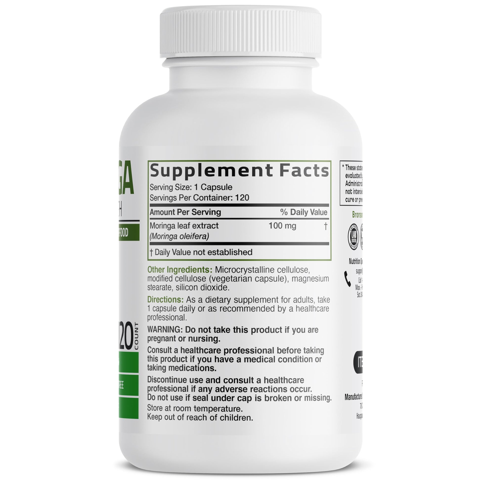 Bronson Moringa 120 vegetarian capsules label details