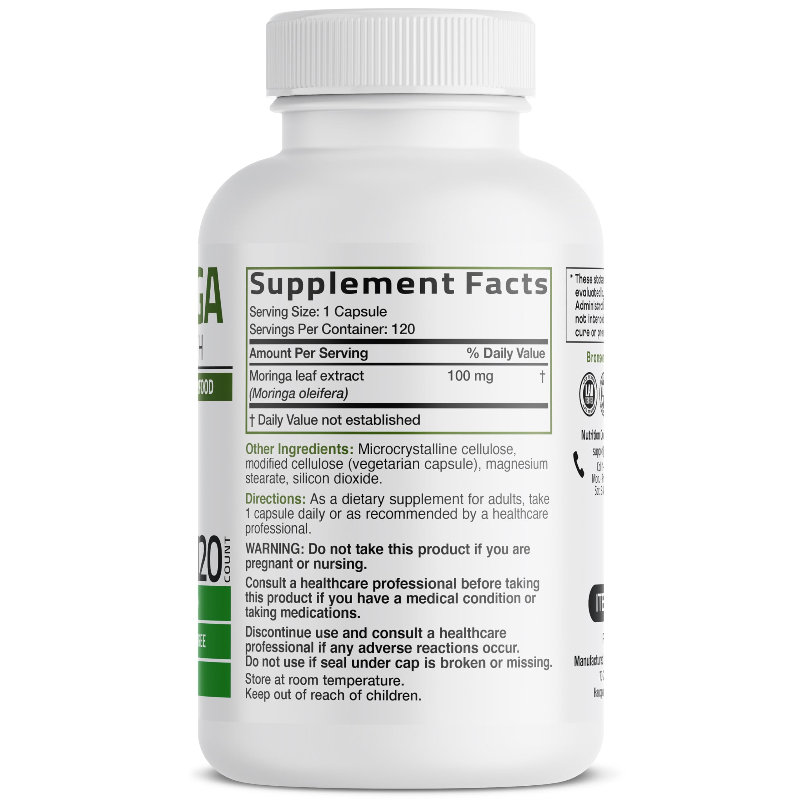 Bronson Moringa 120 vegetarian capsules label details