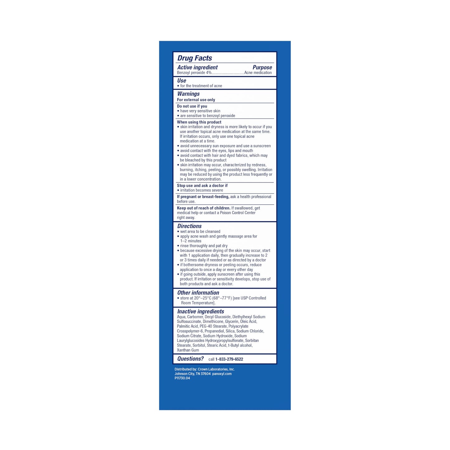 PanOxyl acne wash tube showing 4 percent benzoyl peroxide label
