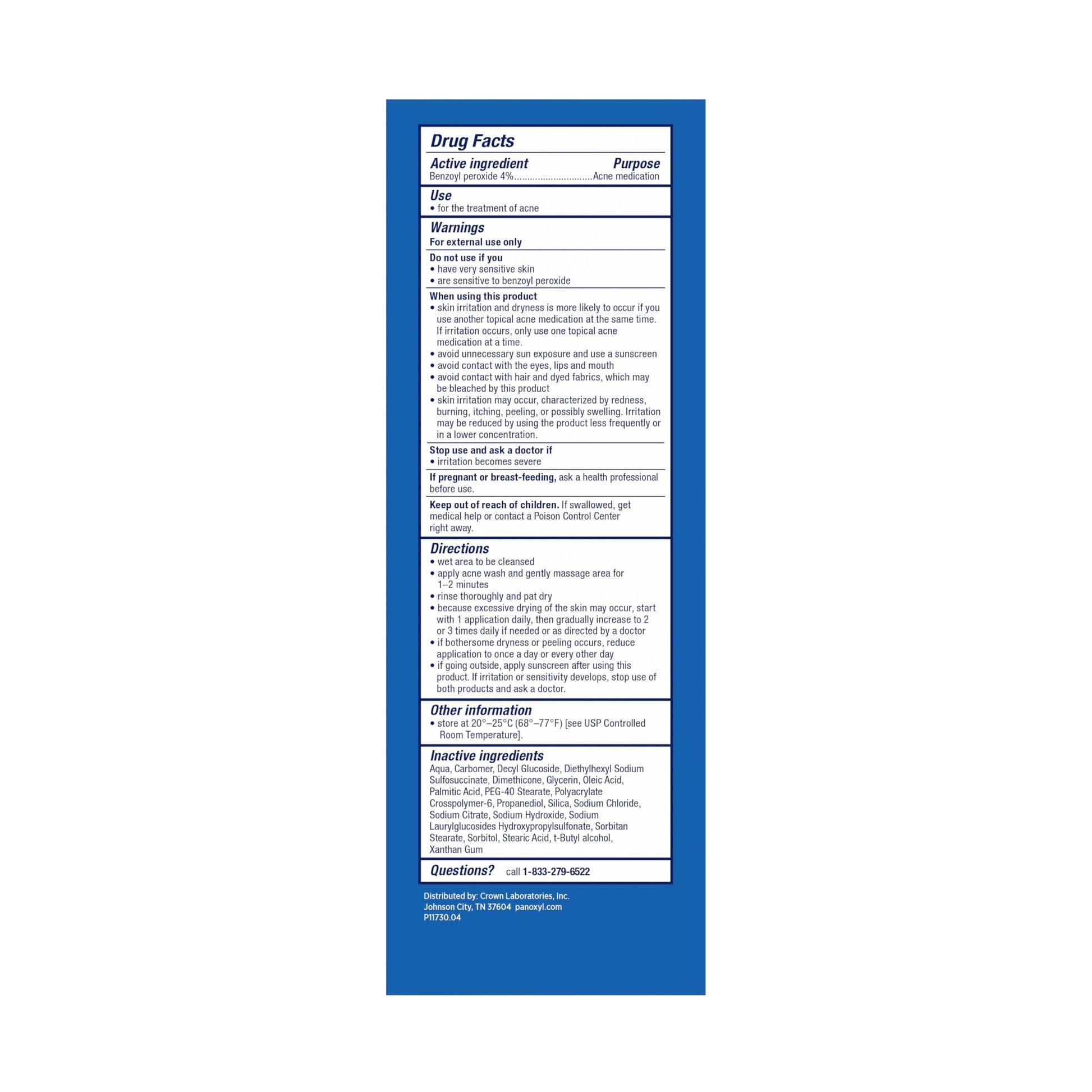 PanOxyl acne wash tube showing 4 percent benzoyl peroxide label