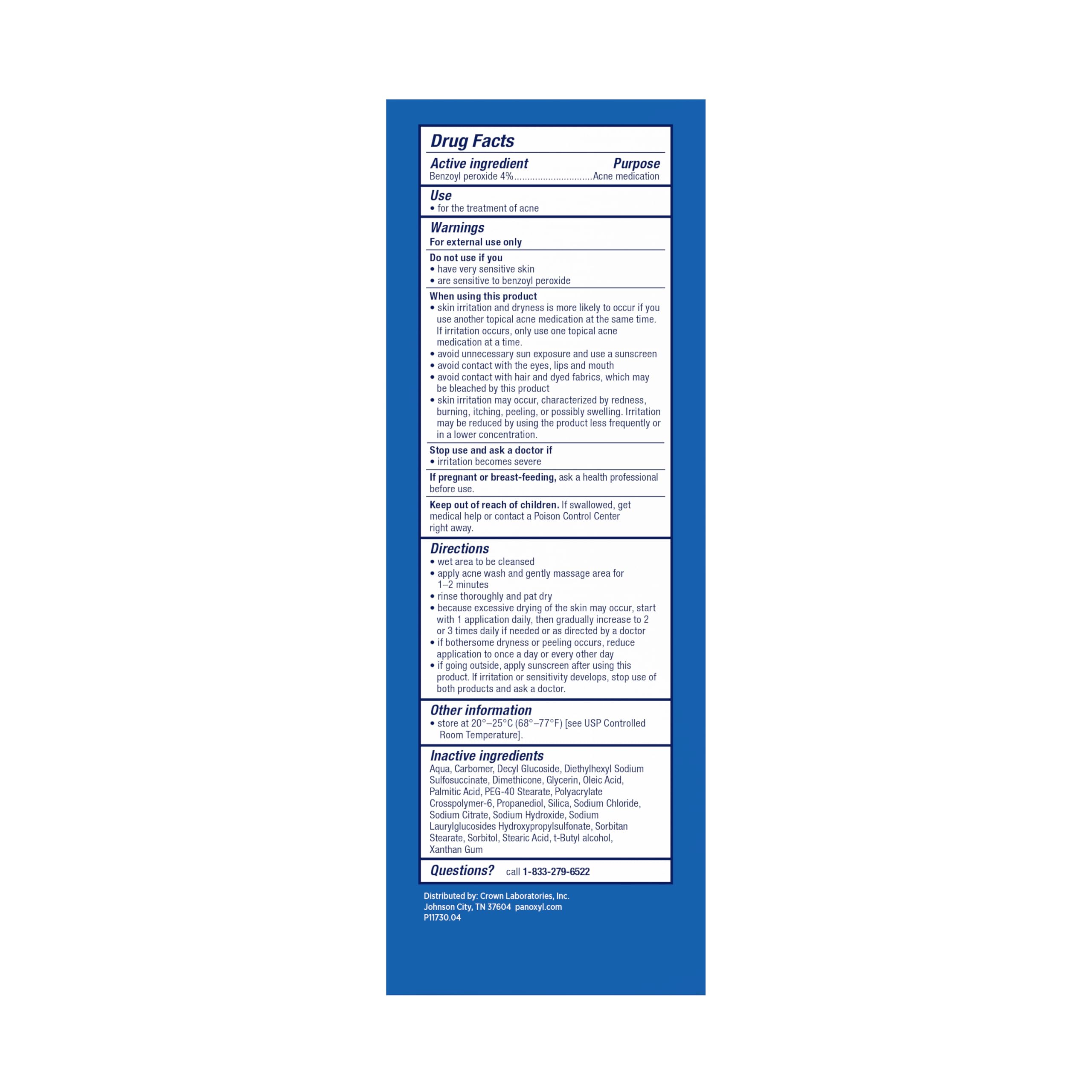 PanOxyl acne wash tube showing 4 percent benzoyl peroxide label
