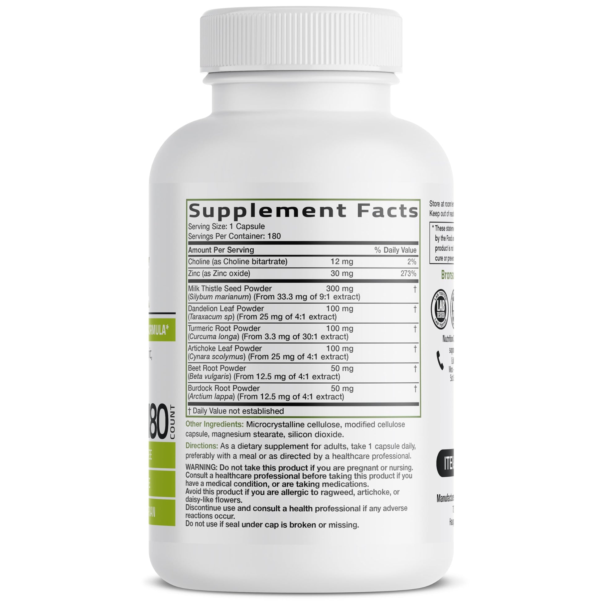 Bronson advanced liver health supplement side label indicating non-GMO and vegetarian features.