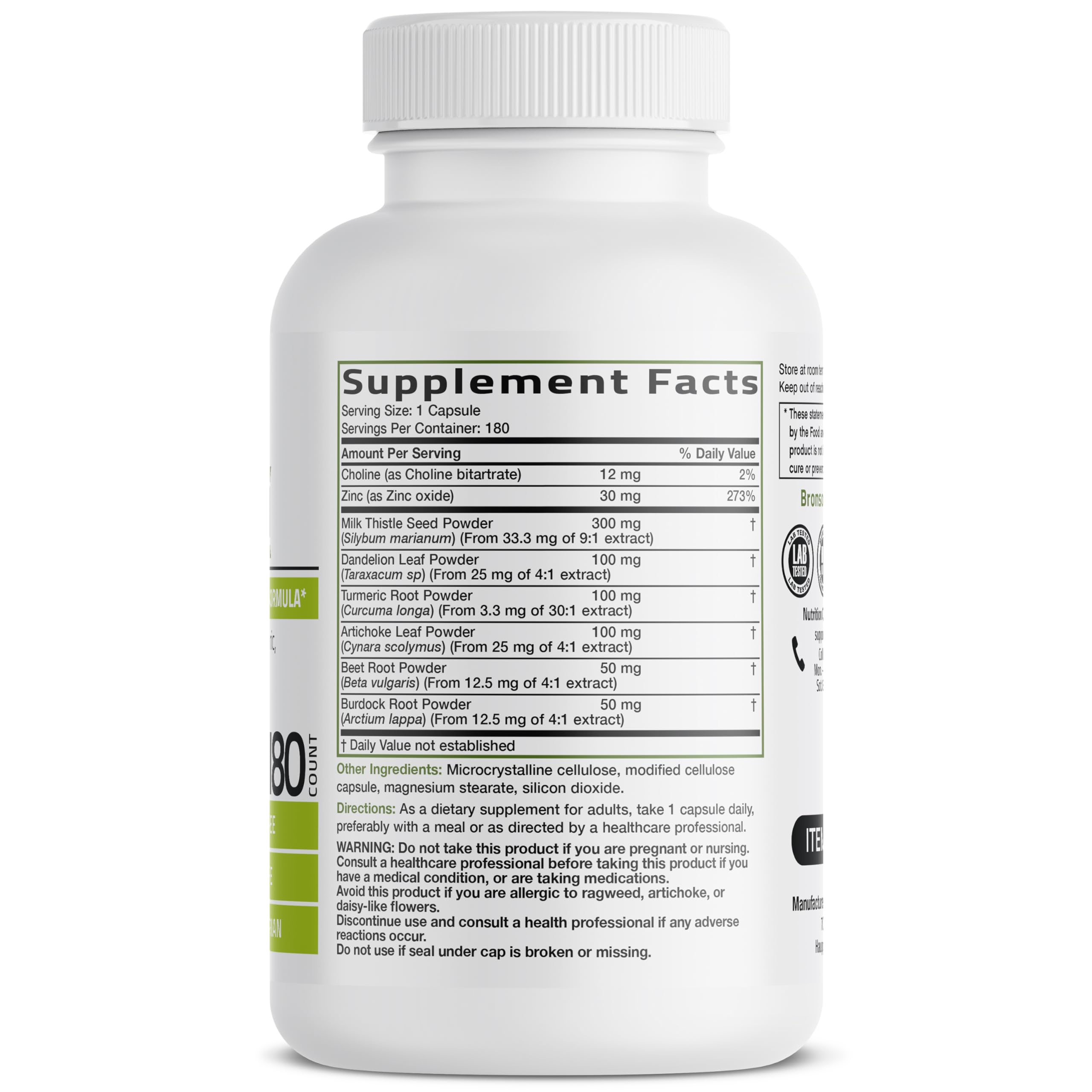 Bronson advanced liver health supplement side label indicating non-GMO and vegetarian features.