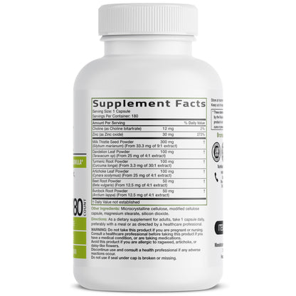 Bronson advanced liver health supplement side label indicating non-GMO and vegetarian features.