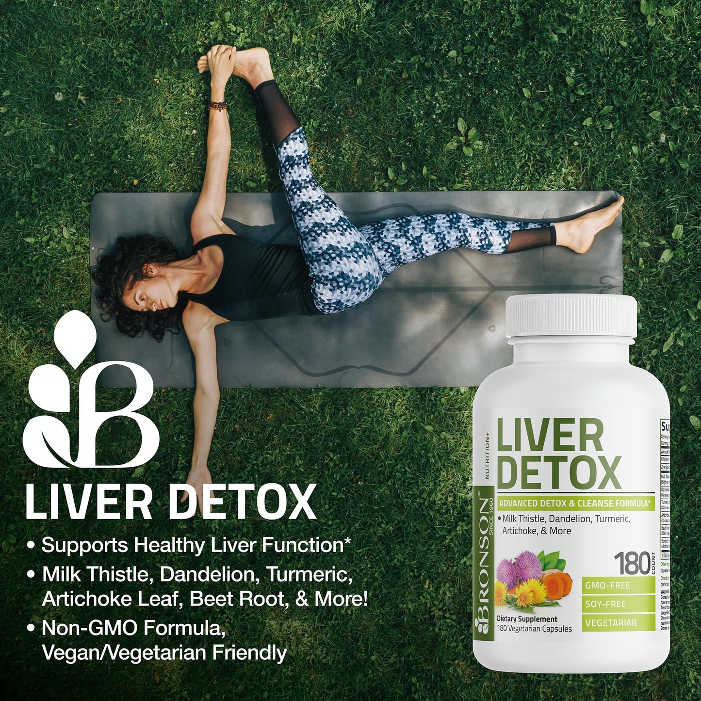 Bronson brand liver care dietary supplement showcasing milk thistle and dandelion extract benefits.