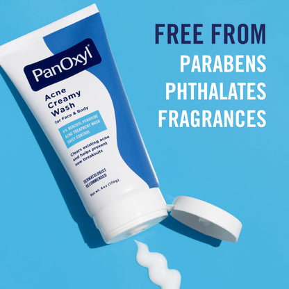 Side view of PanOxyl 4 percent benzoyl peroxide creamy wash