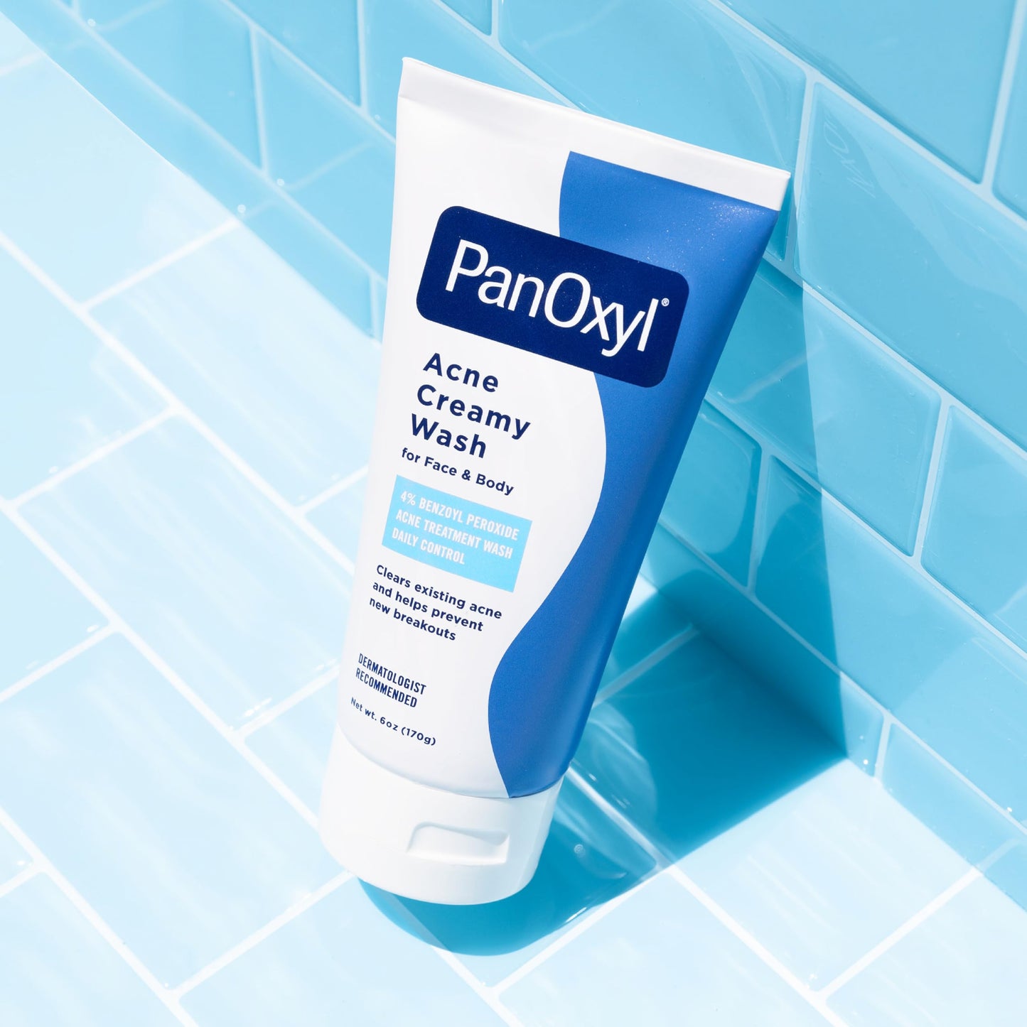 Close up of PanOxyl branding and acne fighting formula