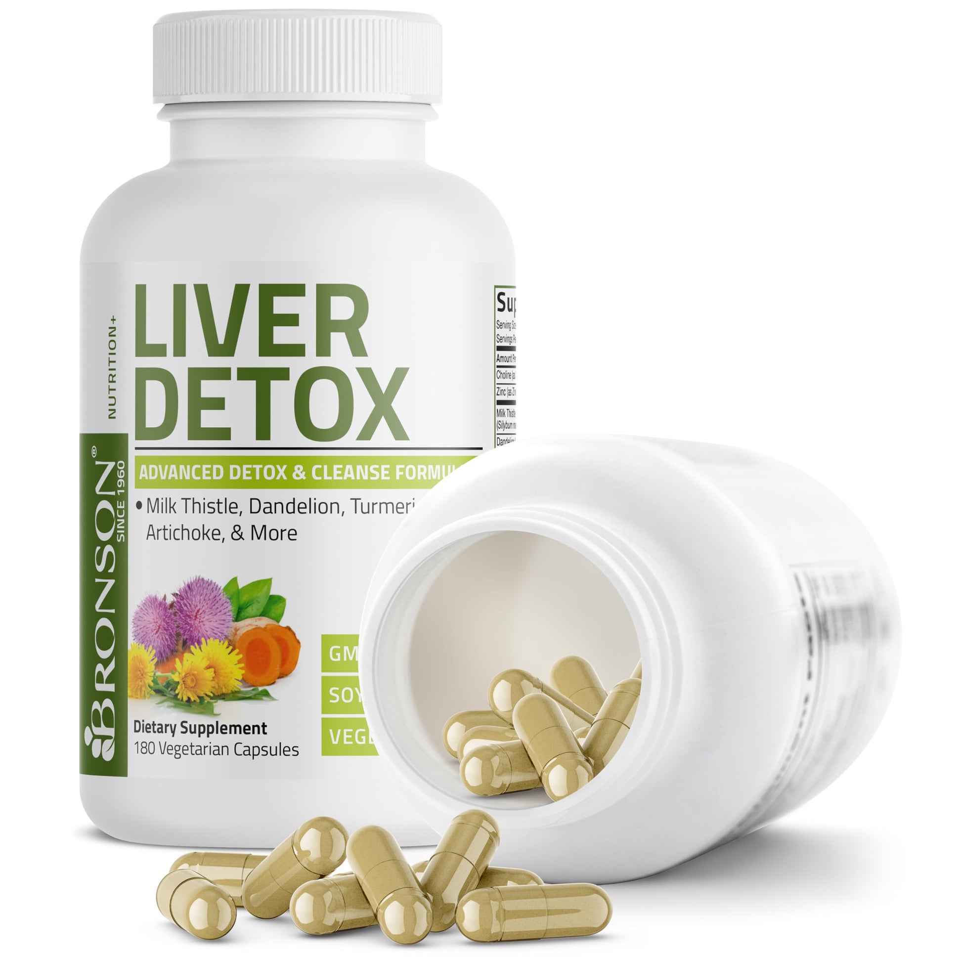 Close up of the imported Bronson liver detoxification complex showing the 180 capsules count.