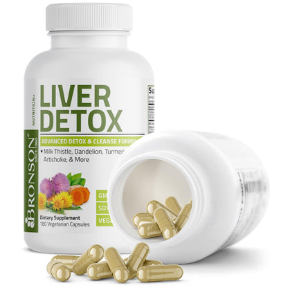Close up of the imported Bronson liver detoxification complex showing the 180 capsules count.