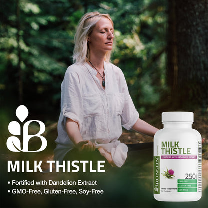 Back label of authentic Bronson milk thistle seed extract with comprehensive nutritional facts and herbal blend milligram details.