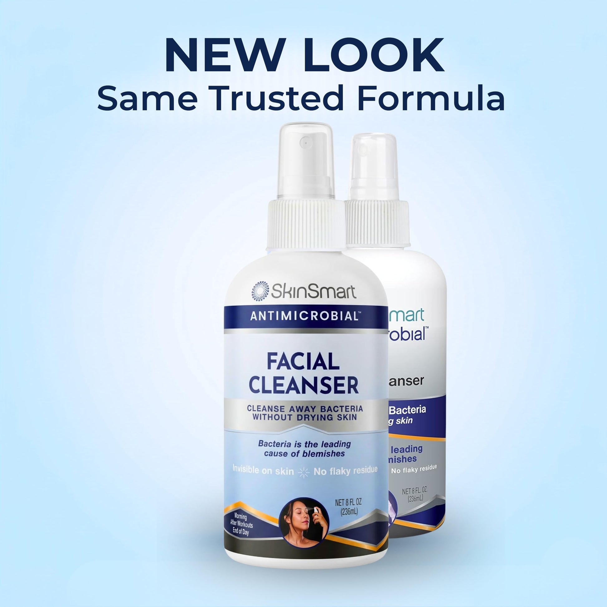 SkinSmart antimicrobial spray bottle showing acne treatment application