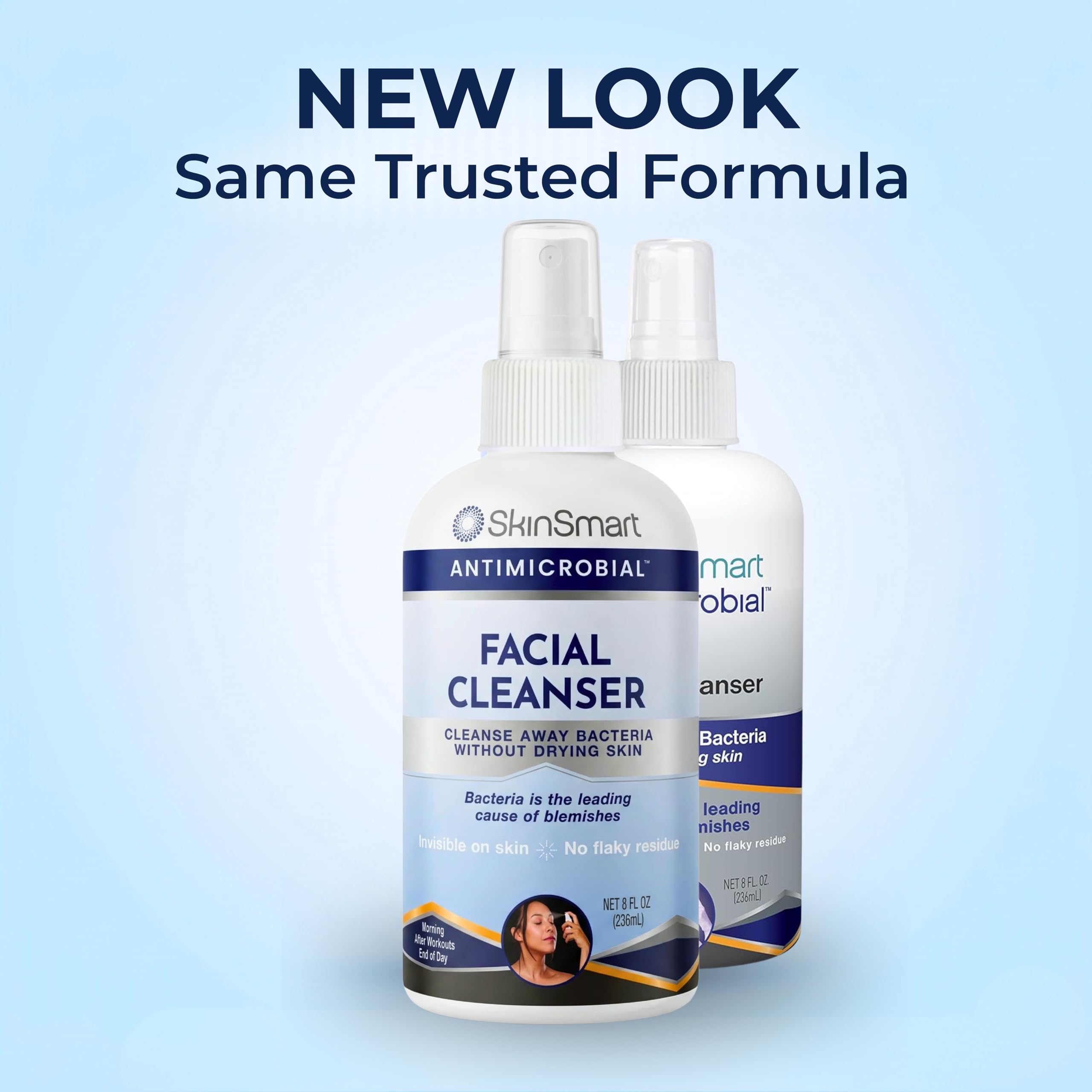 SkinSmart antimicrobial spray bottle showing acne treatment application