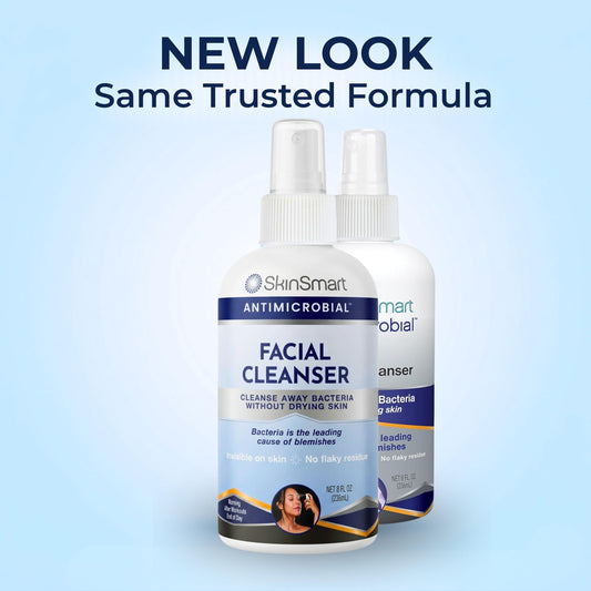 SkinSmart antimicrobial spray bottle showing acne treatment application