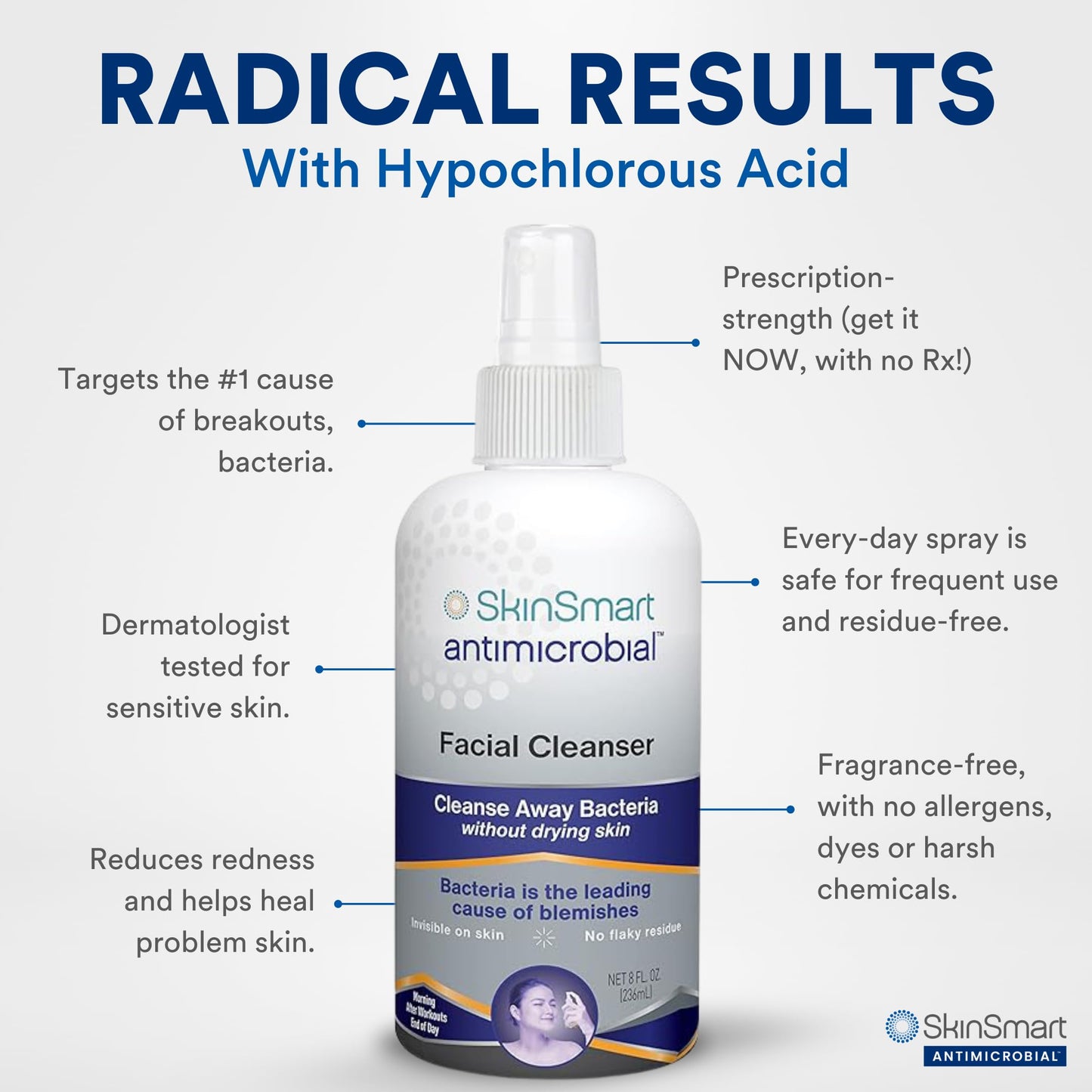 SkinSmart facial cleanser bottle next to athletic gear for scale