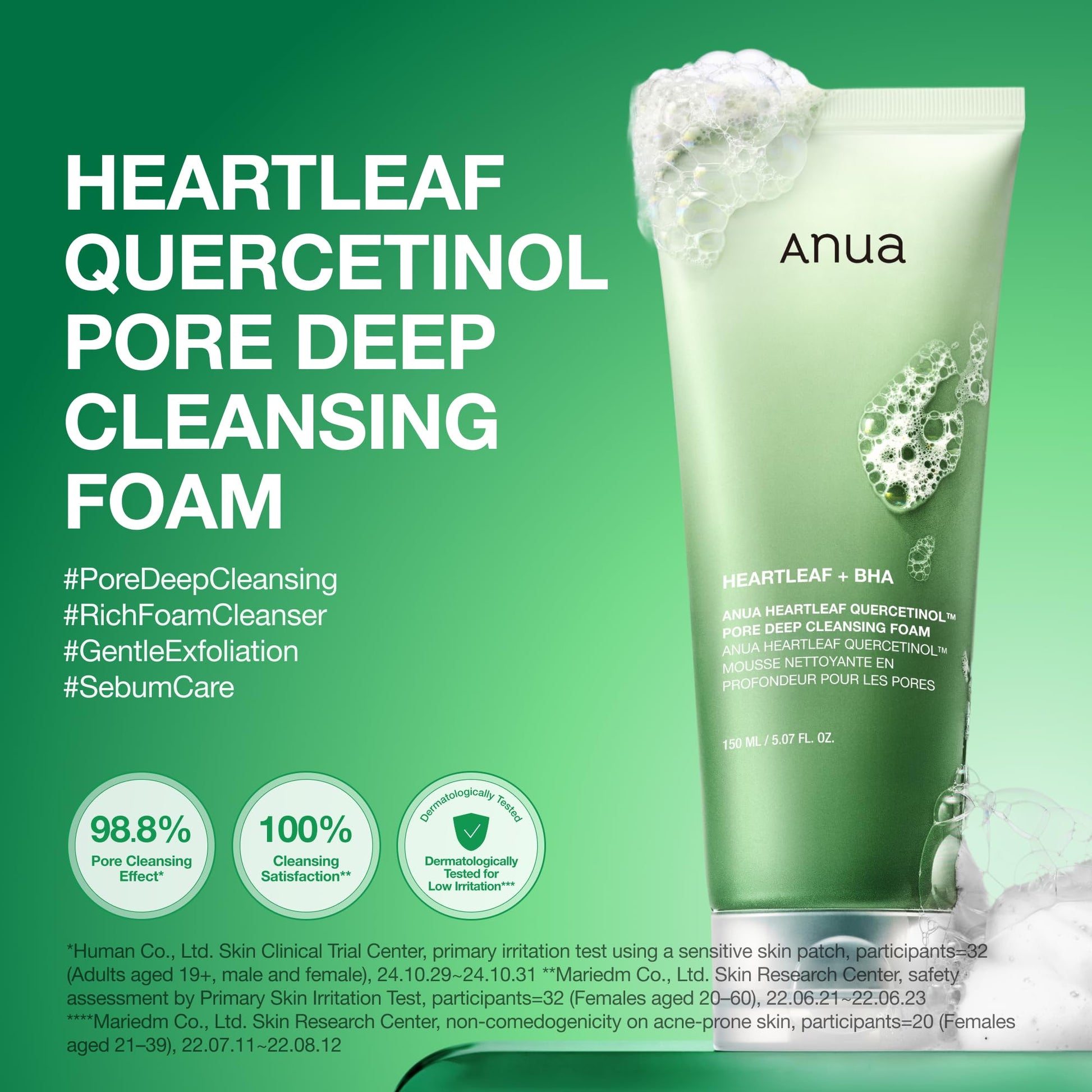 Texture shot of Anua Heartleaf Quercetinol foam showing dense creamy bubbles.