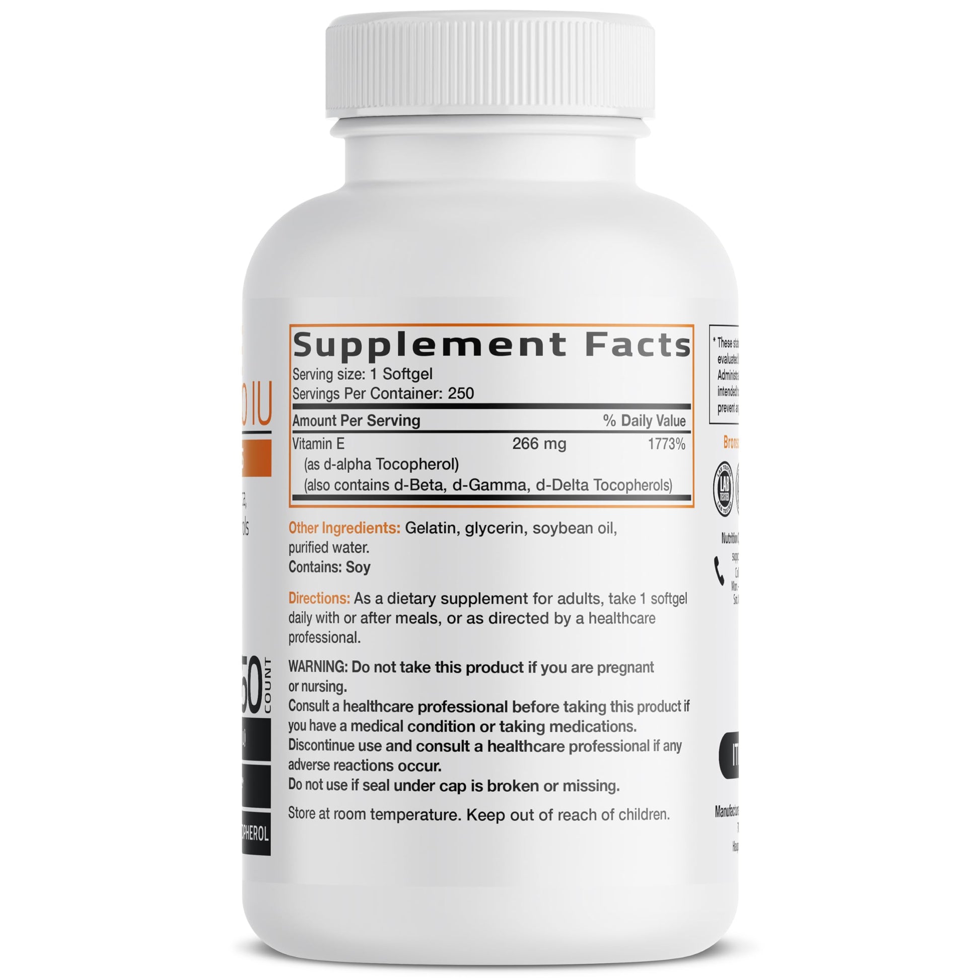 Bronson Natural Vitamin E mixed tocopherols supplement packaging back labels showing ingredients