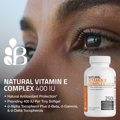 Side profile of Bronson Vitamin E 400 IU bottle listing manufacturing details and daily values