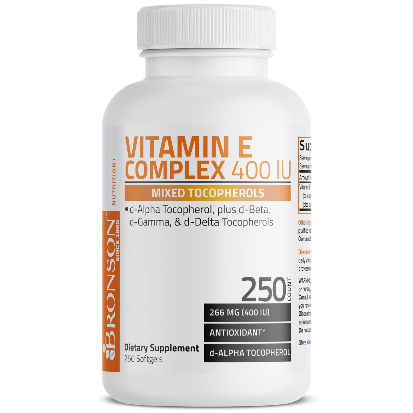 Authentic USA imported Bronson Vitamin E Complex premium value bottle containing 250 softgels
