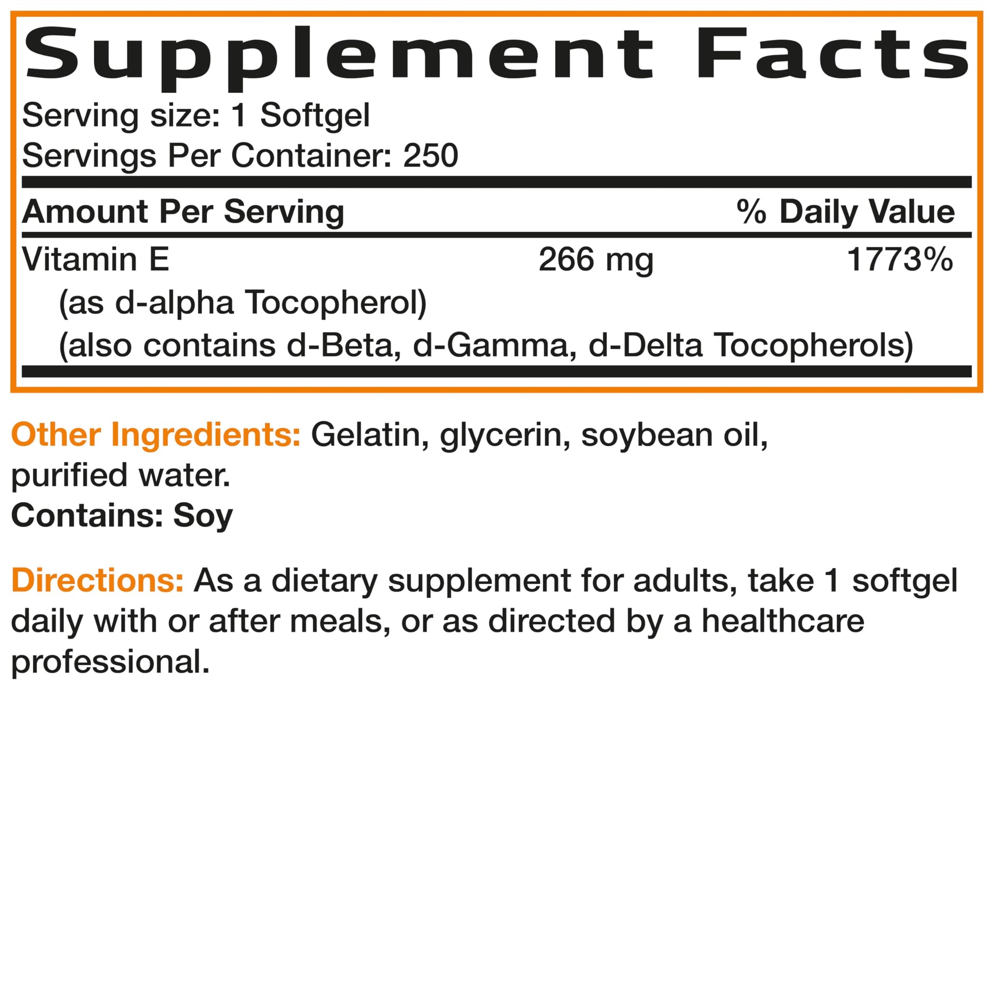 Bronson health products Vitamin E 400 IU capsules bottle displaying full spectrum mixed tocopherols