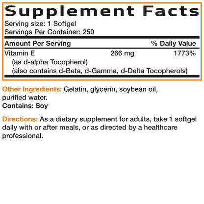 Bronson health products Vitamin E 400 IU capsules bottle displaying full spectrum mixed tocopherols