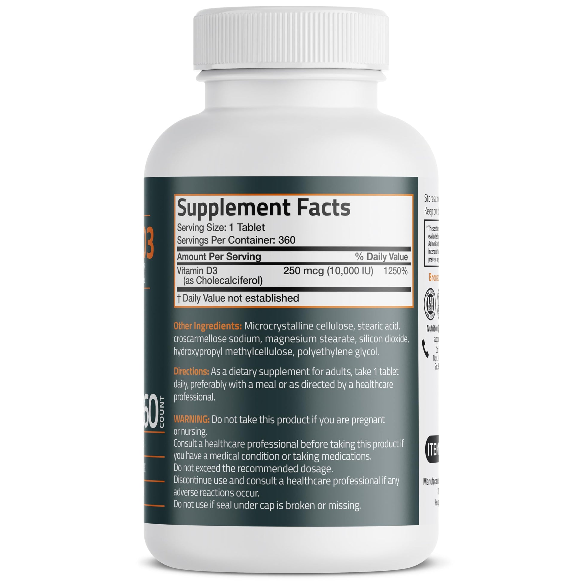 Bronson Vitamin D3 360 tablets high potency bone and muscle health supplement bottle