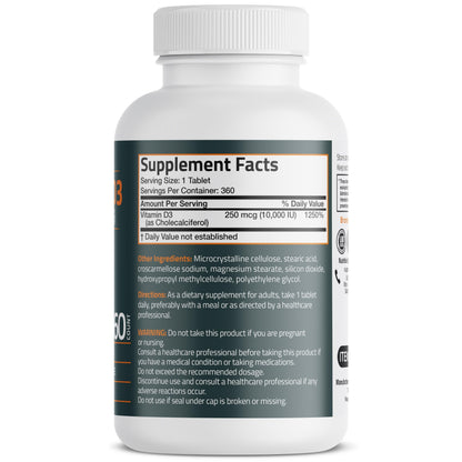 Bronson Vitamin D3 360 tablets high potency bone and muscle health supplement bottle