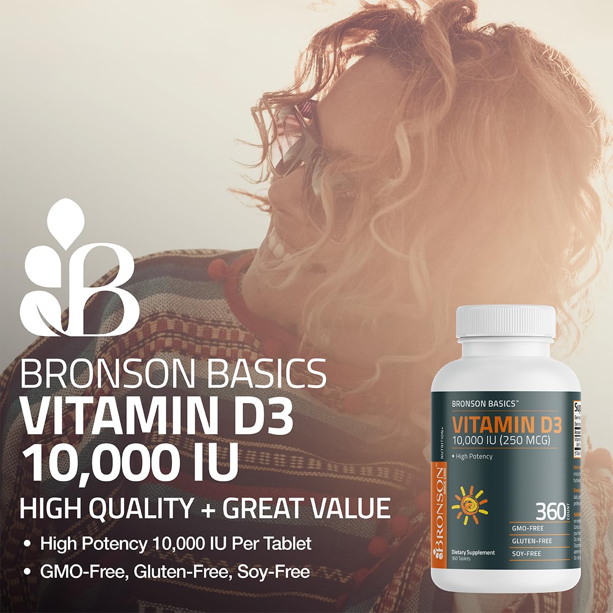 Back label of Bronson Basics Vitamin D3 showing cholecalciferol supplement ingredients list