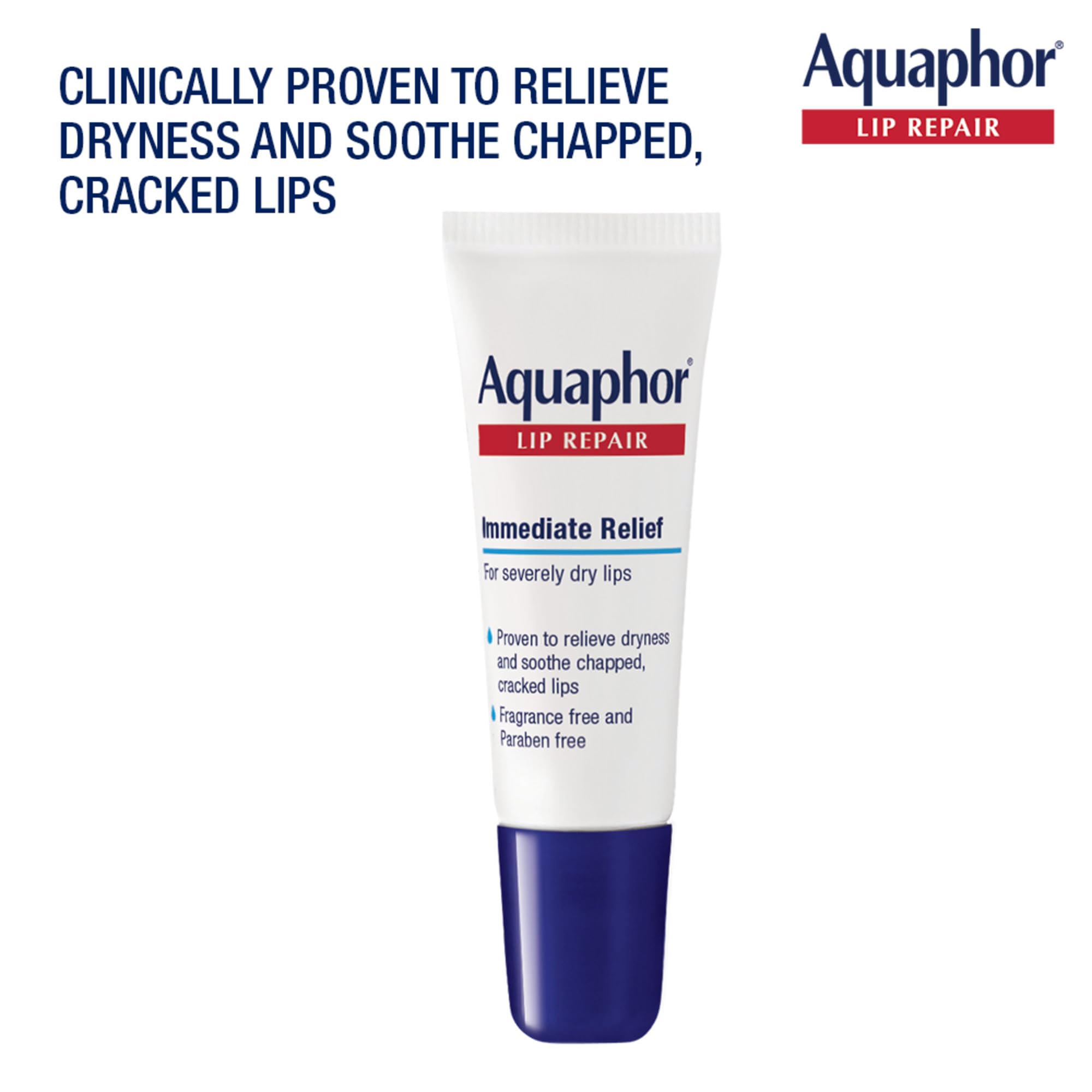 Two tubes of Aquaphor fragrance free lip balm for chapped lips.