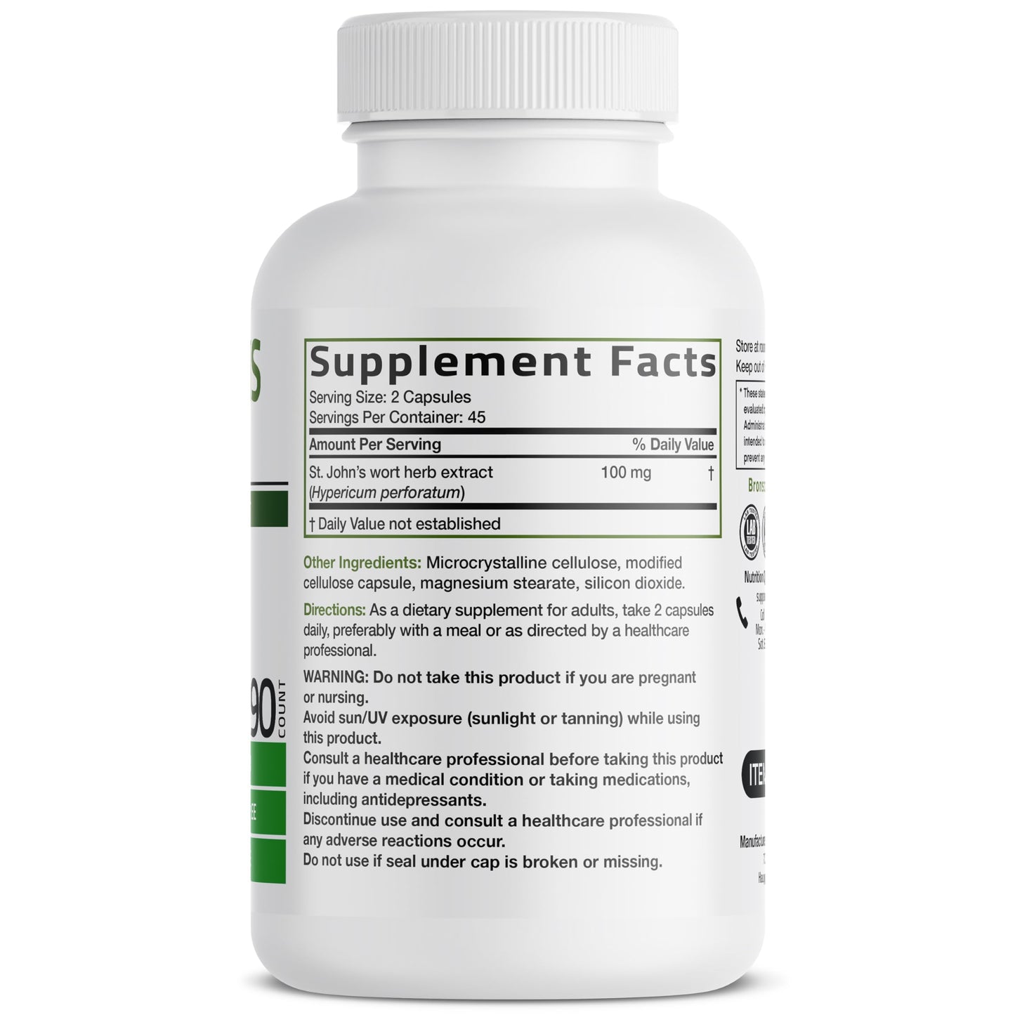 Bronson Hypericum Perforatum 700mg supplement facts label showing extract ingredients