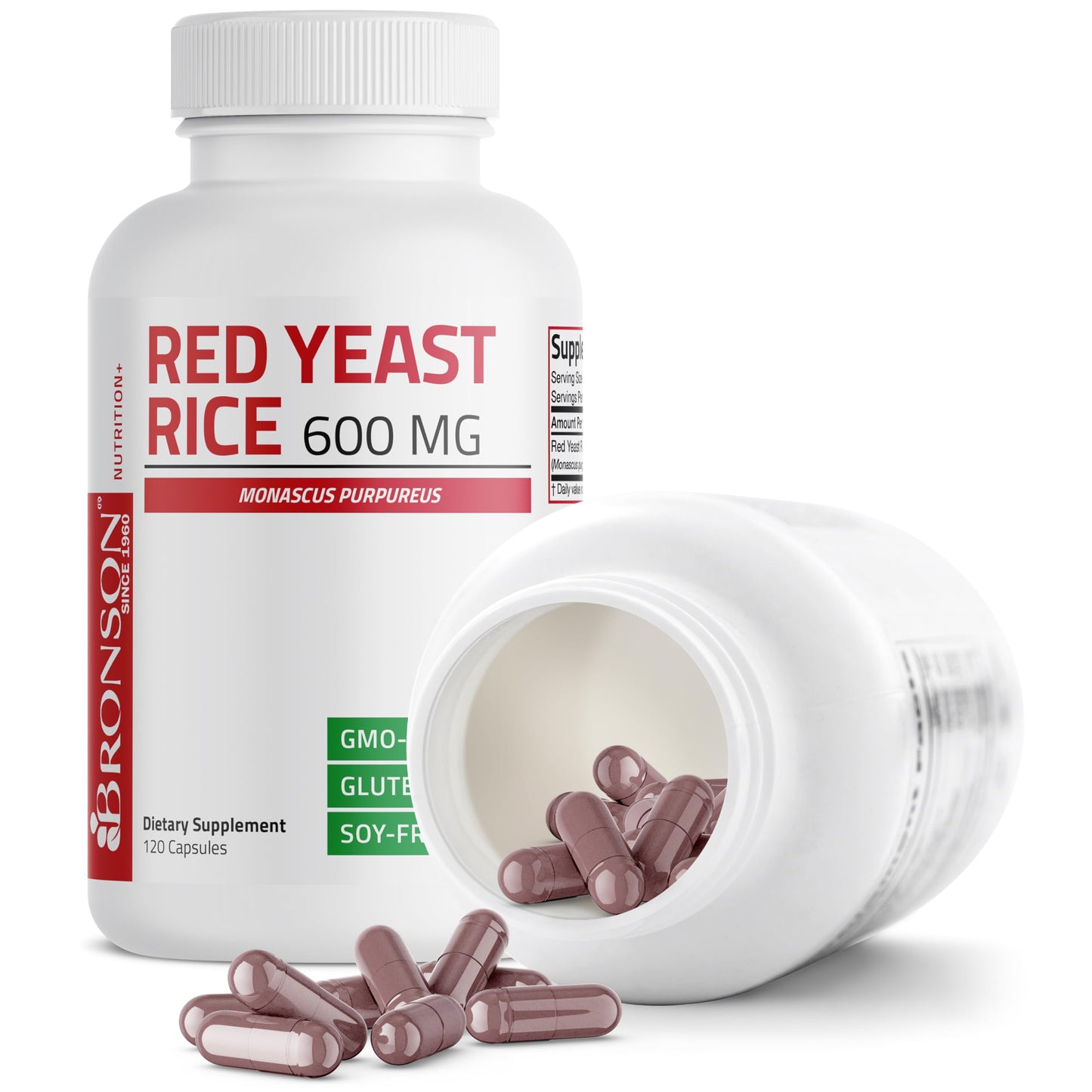 Side view of Bronson Red Yeast Rice bottle in original packaging